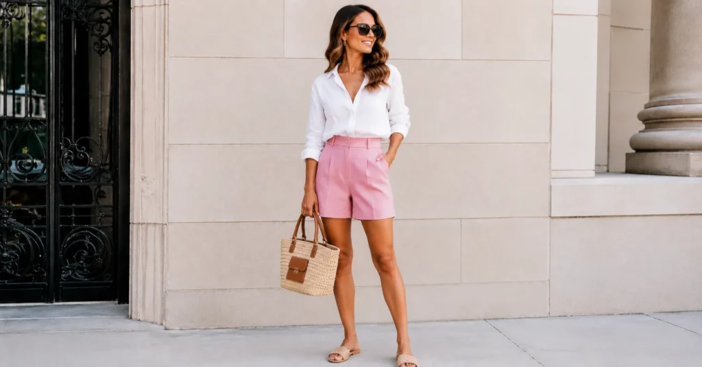 Pink summer outfit featuring shorts and lightweight top