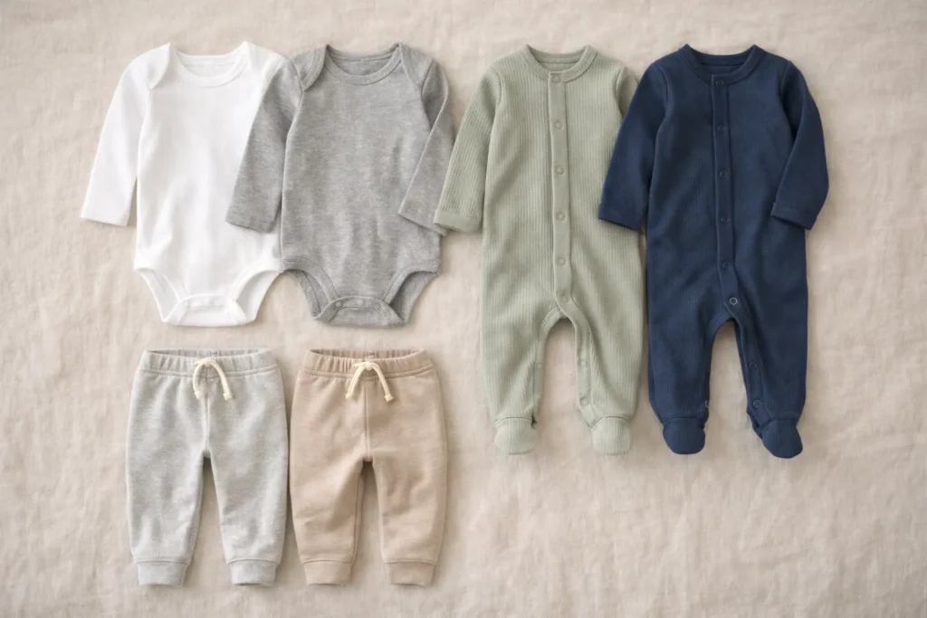Baby boy wardrobe essentials including bodysuits and sleepers in neutral tones