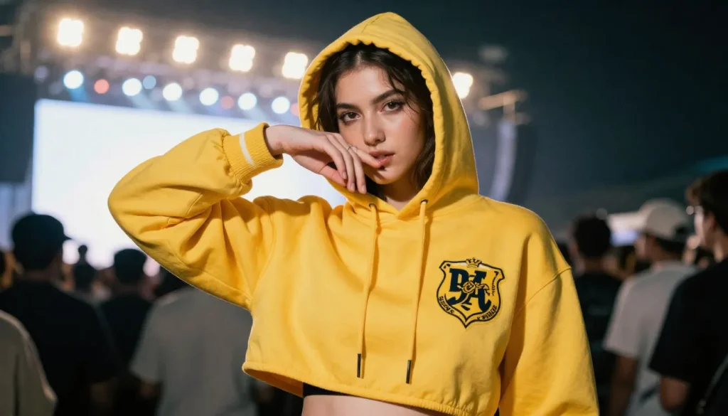 Beychella outfit recreation with yellow hoodie, denim shorts, and fringe boots