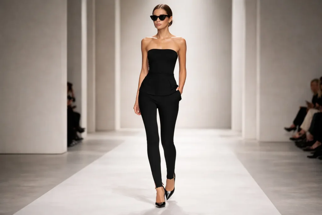 Runway model showcasing modern stirrup pants as a high-fashion trend.