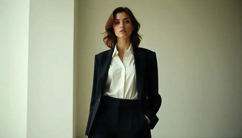 Office-ready outfit featuring black stirrup pants styled with blazer and button-down shirt.