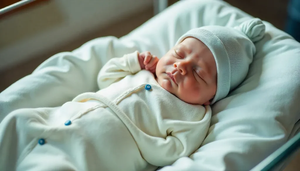 Newborn baby boy wearing a personalized coming-home outfit