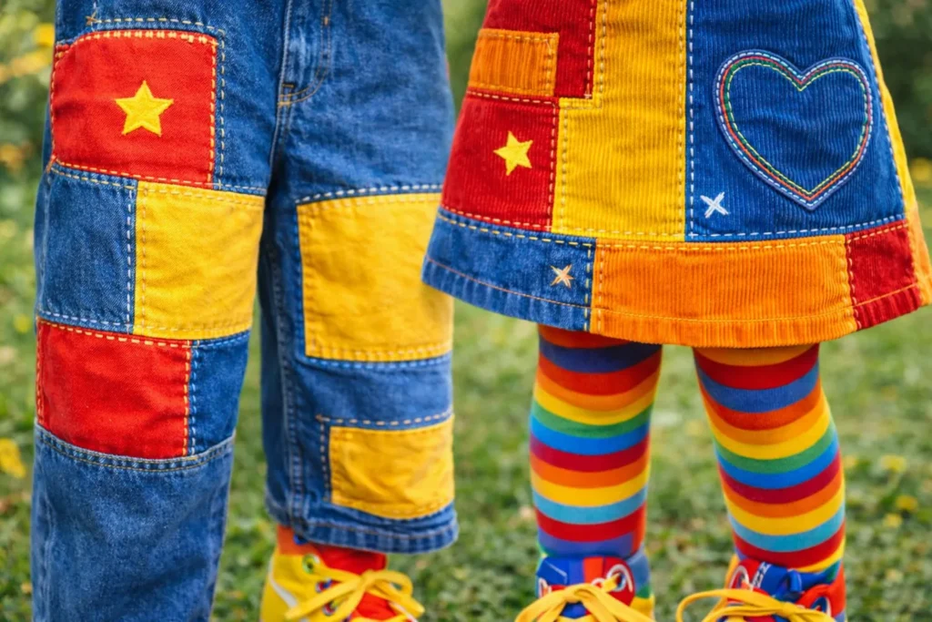 Patchwork kidcore pants and colorful corduroy skirt styling