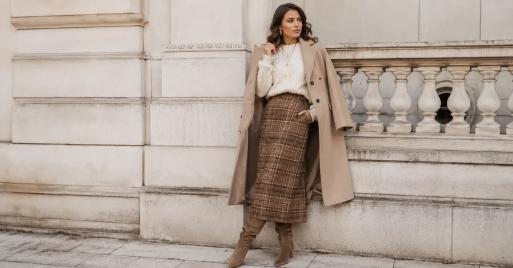 Cute Thanksgiving Outfit Ideas You'll Want to Copy This Year 7 Thanksgiving outfit featuring plaid skirt and cozy knit sweater