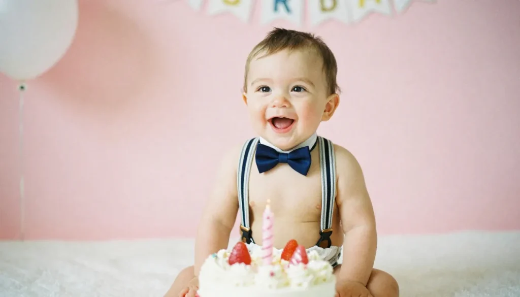 Baby boy celebrating first birthday in suspenders and bow tie