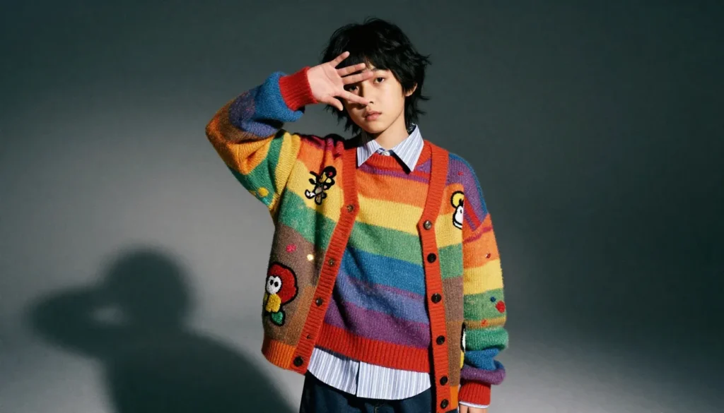 Rainbow sweater and embroidered cardigan in kidcore fashion style