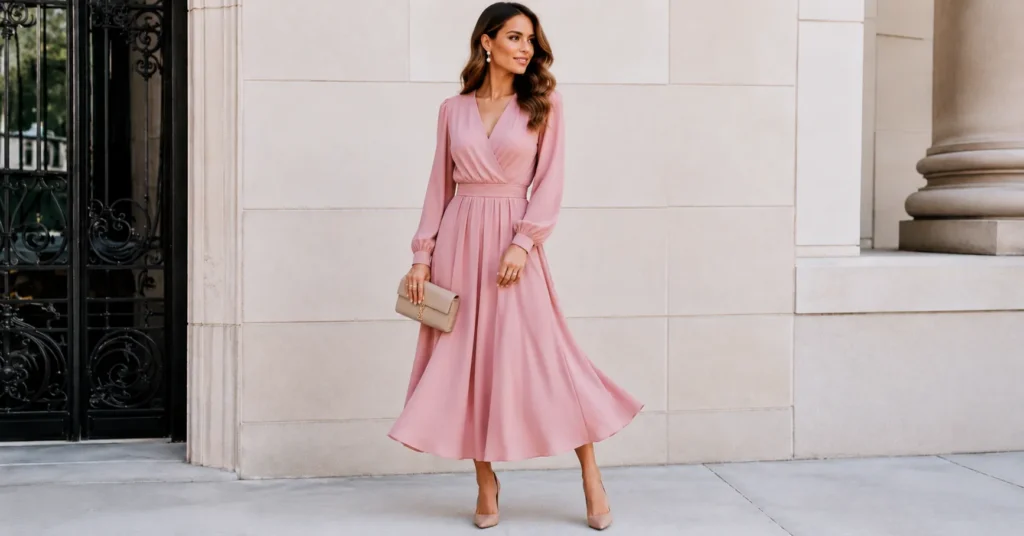 Pink midi dress outfit for weddings and special occasions