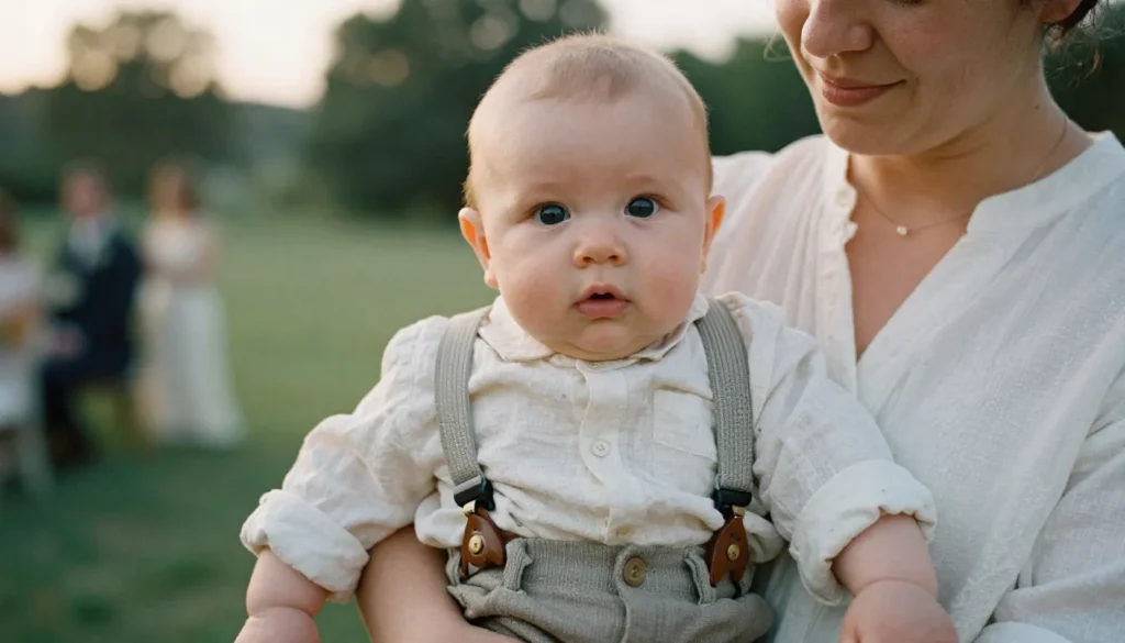 Baby boy wearing a formal outfit at a wedding event