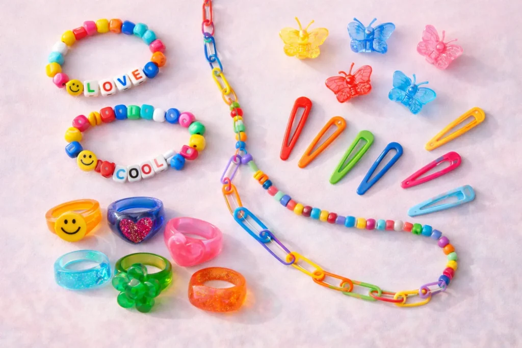 Kidcore accessories including kandi bracelets and butterfly clips