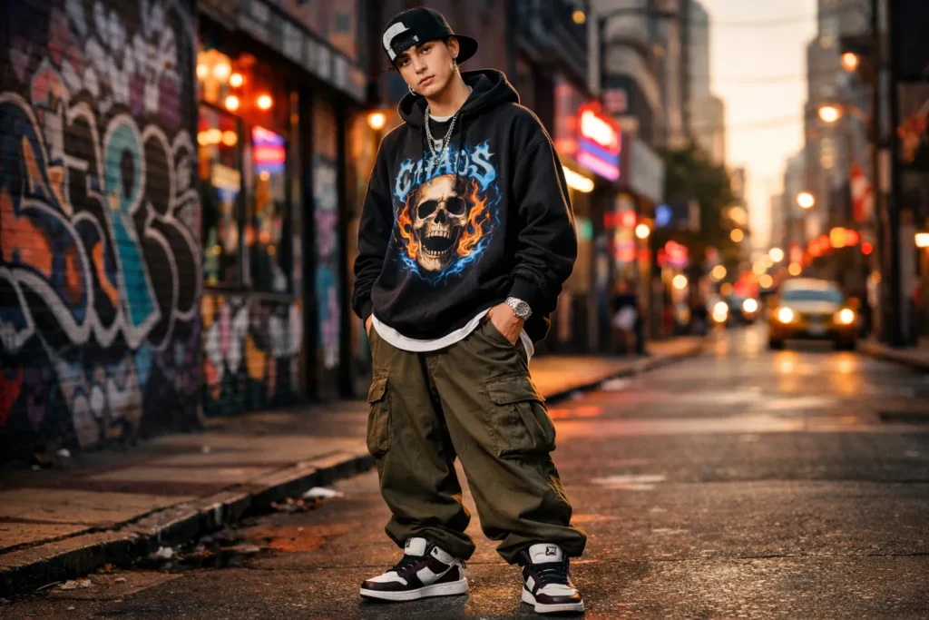 Drippy outfit inspiration with modern streetwear and hip-hop fashion