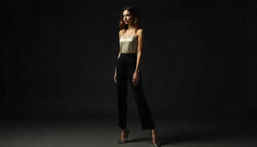 Evening outfit styling stirrup pants with silk top and metallic heels.