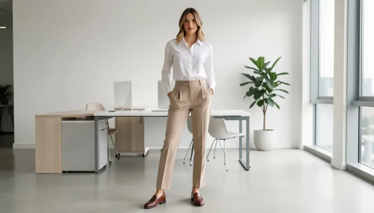 Woman wearing a stylish spring outfit with trench coat, lightweight knitwear, and white sneakers in a bright outdoor setting