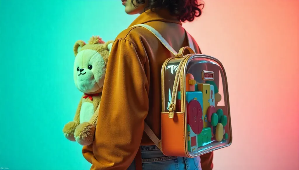 Kidcore bags including plush backpack and vintage lunchbox purse