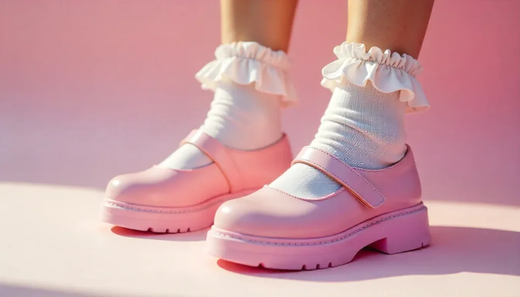 Kawaii outfit shoes including Mary Janes, platform sneakers, and frilly socks