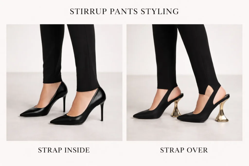 Comparison of stirrup pants worn with straps inside shoes versus over heels.