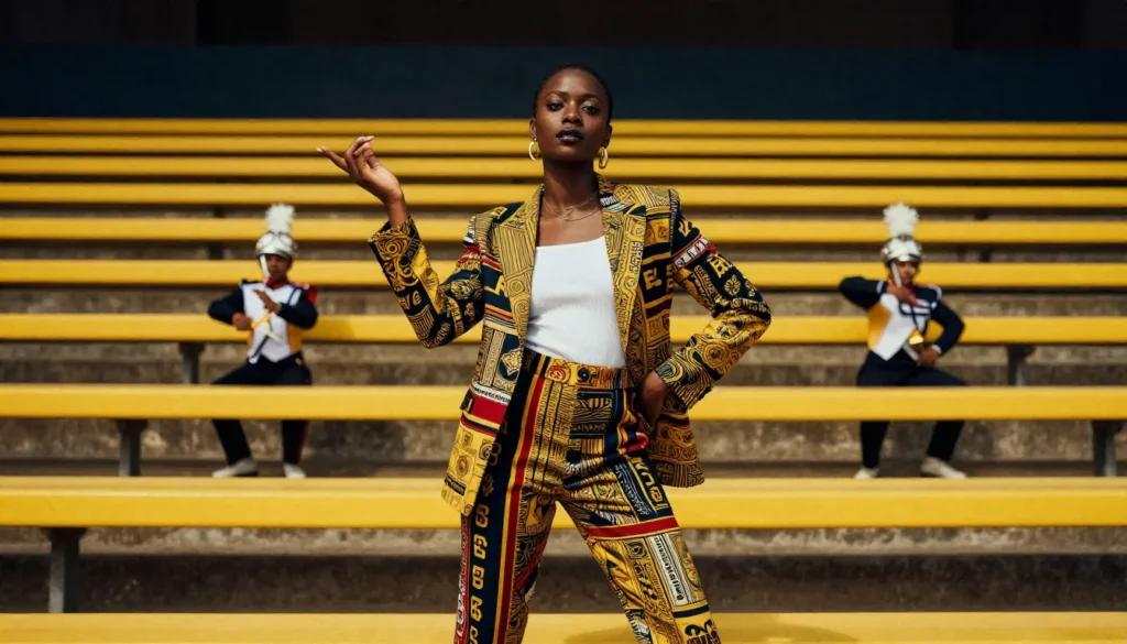 Beychella outfit aesthetic background featuring yellow bleachers, marching band visuals, festival stage lights, HBCU-inspired design elements, powerful cultural atmosphere, no model, cinematic depth, high resolution
