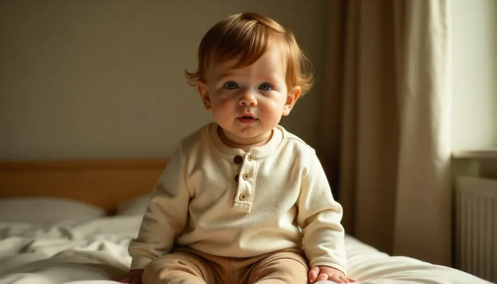 Baby boy wearing a trendy mini-me style outfit in neutral colors