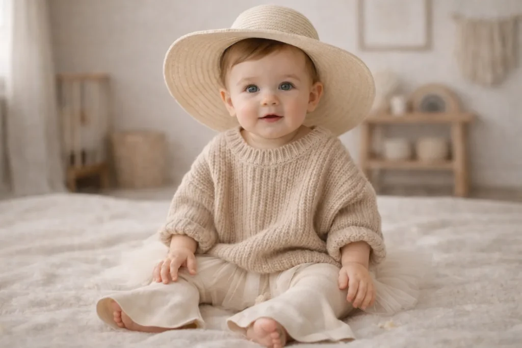 Baby girl wearing a trendy bohemian-style outfit in earthy colors