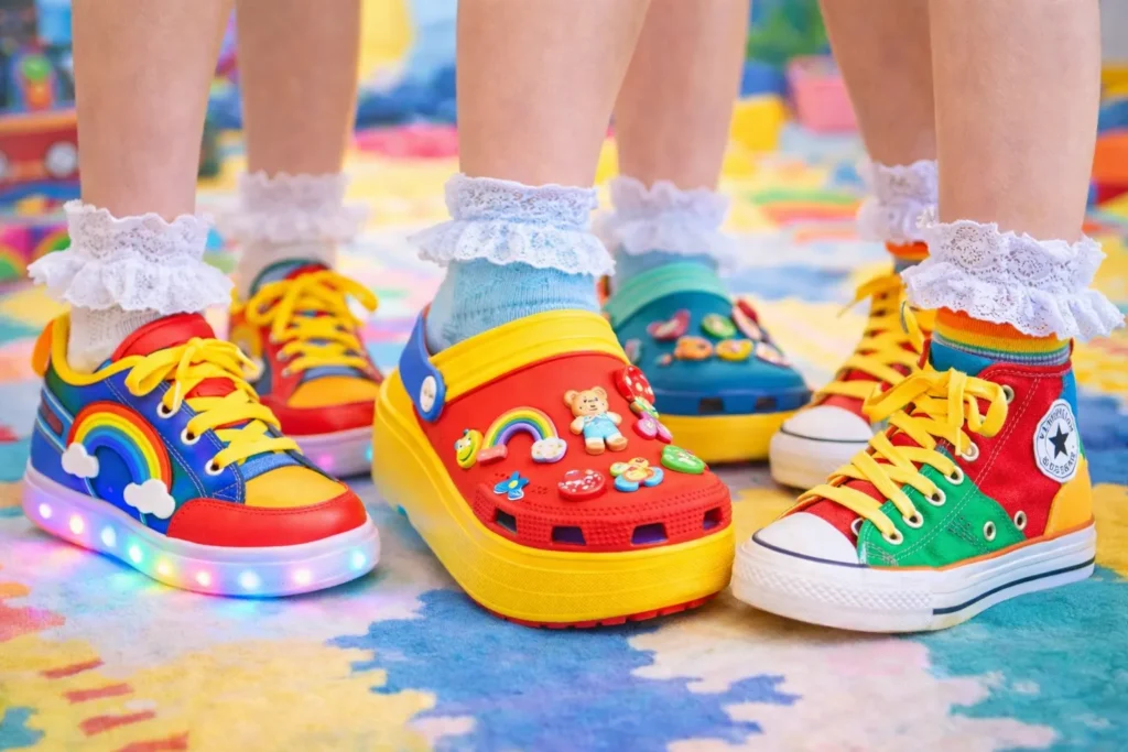 Kidcore shoes including light-up sneakers and platform Crocs