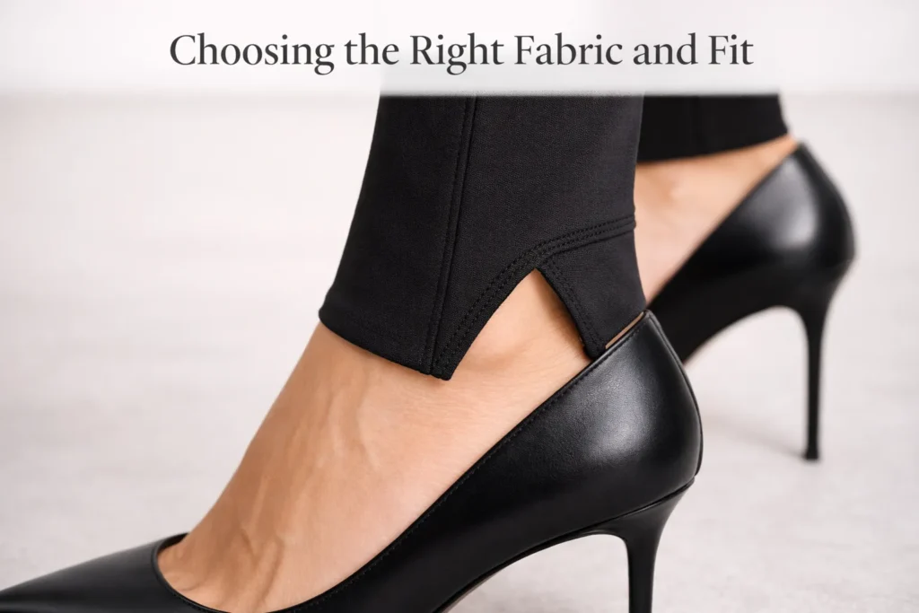 Close-up detail of ponte knit stirrup pants fabric and ankle strap.