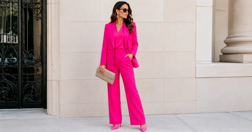 Hot pink outfit idea featuring a bold monochromatic fashion look