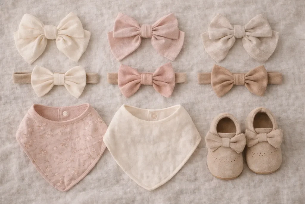 Baby girl accessories including bows, bibs, and soft shoes