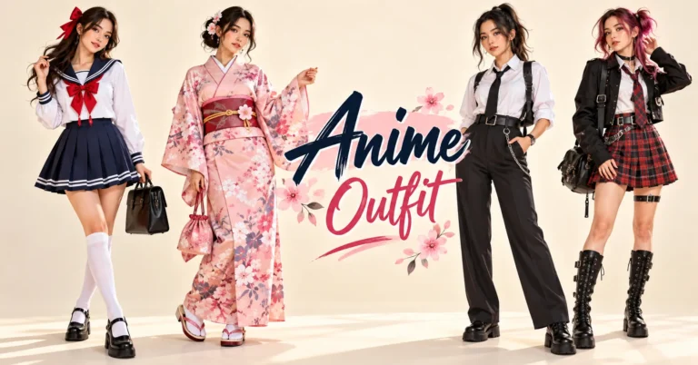 Anime outfit ideas featuring four adult women in sailor-inspired, kimono, minimalist, and punk fashion looks.