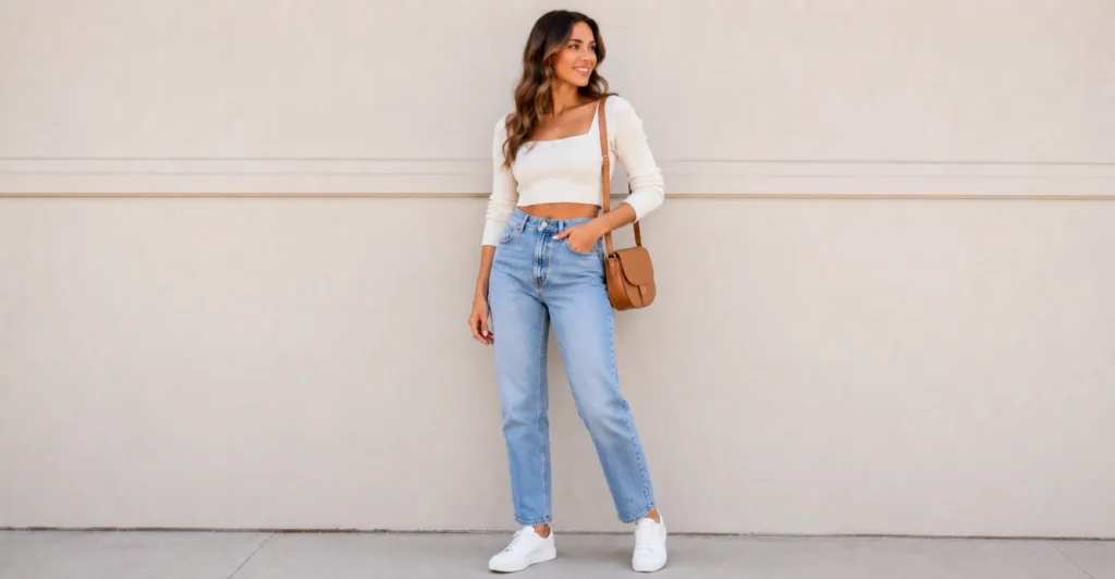 Cropped Top Outfit Ideas: Stylish Looks for Every Occasion 4 Cropped Top Outfit with high-waisted jeans and white sneakers.