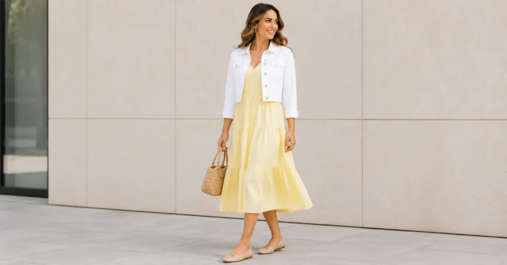 Closet Full, Outfit Empty? Try These Cute Outfit Ideas 4 Cute Outfit Ideas with a pastel spring dress and white denim jacket.