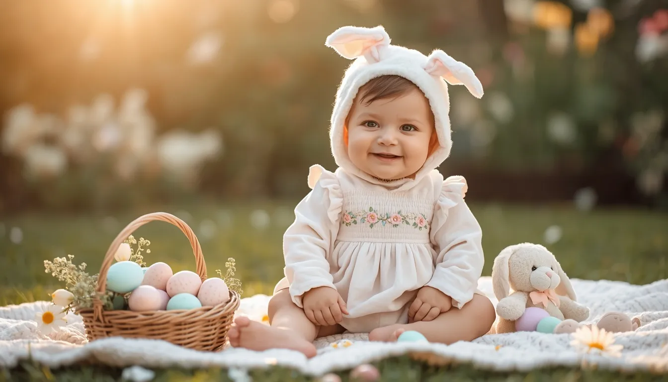 Cute baby wearing an Easter Baby Outfit with bunny ears beside Easter eggs.