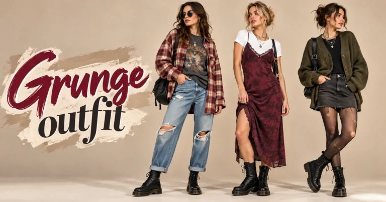 Grunge Outfit Ideas featuring women in plaid flannel shirts, band tees, distressed jeans, slip dresses, cardigans, and combat boots.