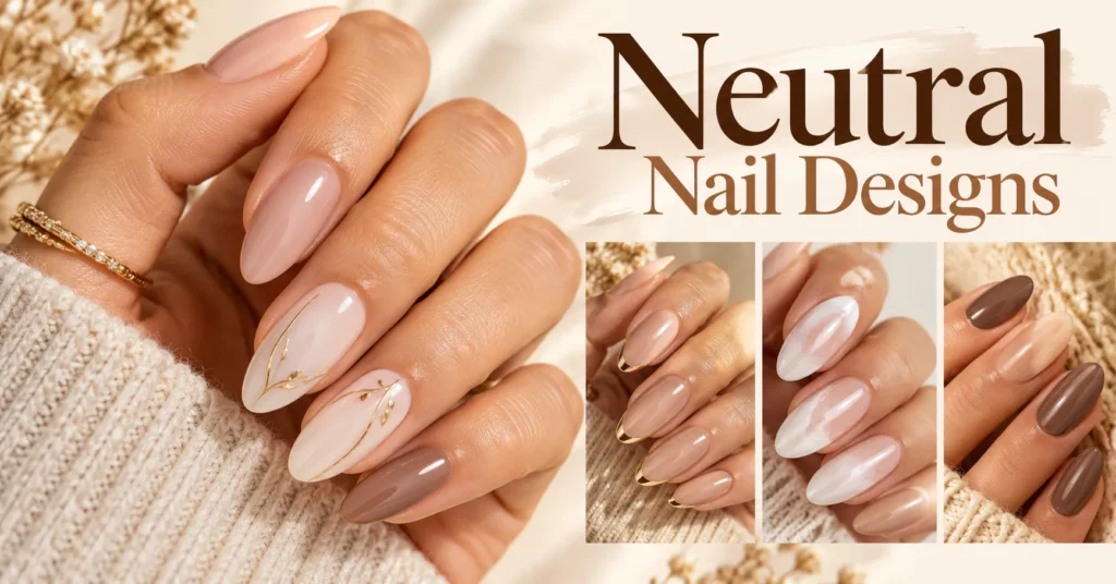 10 Effortless Neutral Nail Designs for a Chic, Timeless Manicure 1 Neutral Nail Designs featuring elegant nude, milky white, taupe, and mocha manicures with subtle gold accents.