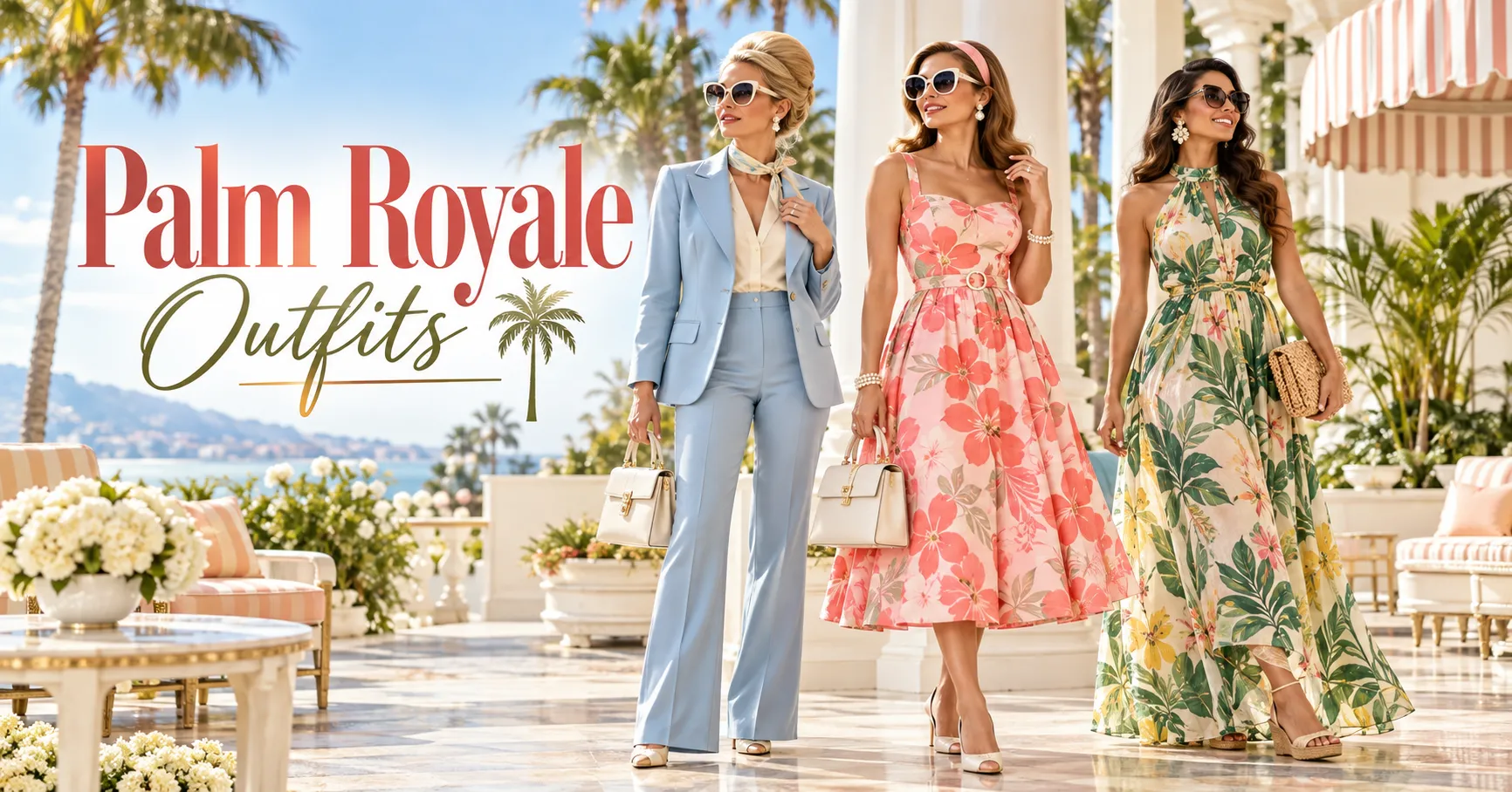 Home 10 Palm Royale Outfits featuring elegant pastel and tropical retro resort fashion styles for women