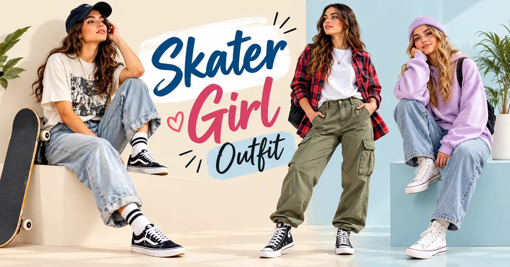 Home 11 Skater Girl Outfit ideas featuring baggy jeans, graphic tees, oversized plaid flannel, pastel hoodies, and classic skate shoes.