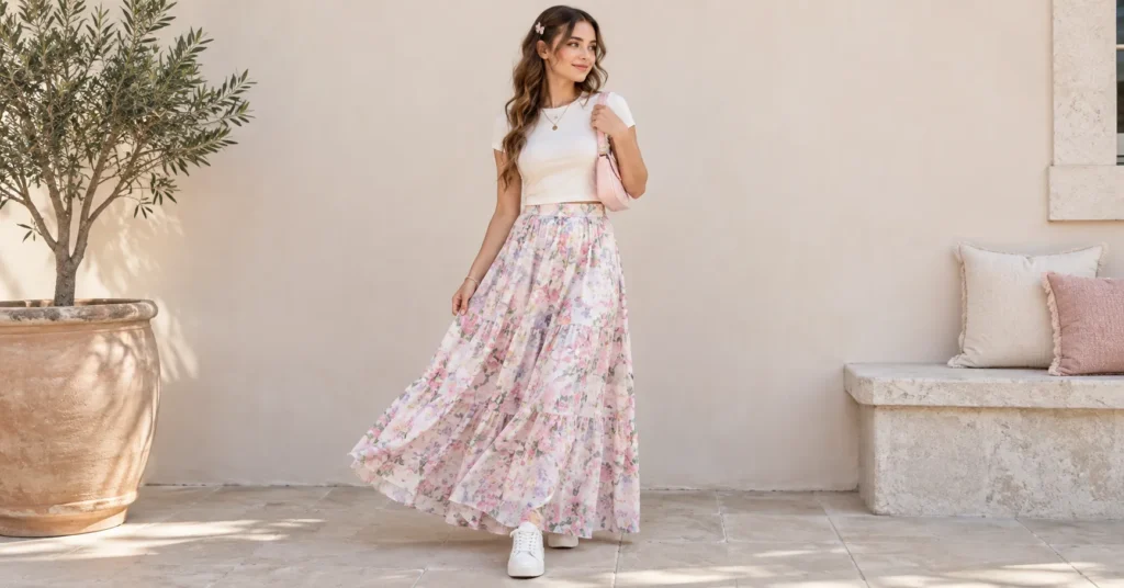 Soft Girl Outfit Ideas: 20+ Stunning Looks for Every Style 13 Soft Girl Outfit with fitted baby tee, pastel floral maxi skirt, platform sneakers, and pink baguette bag