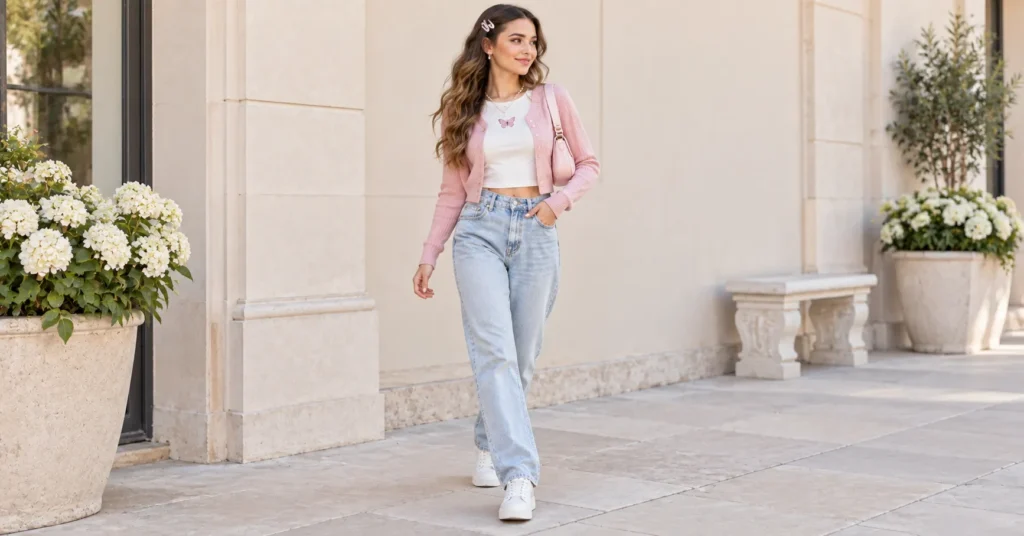 Soft Girl Outfit Ideas: 20+ Stunning Looks for Every Style 15 Soft Girl Outfit with light-wash mom jeans, white baby tee, pink cardigan, and sneakers