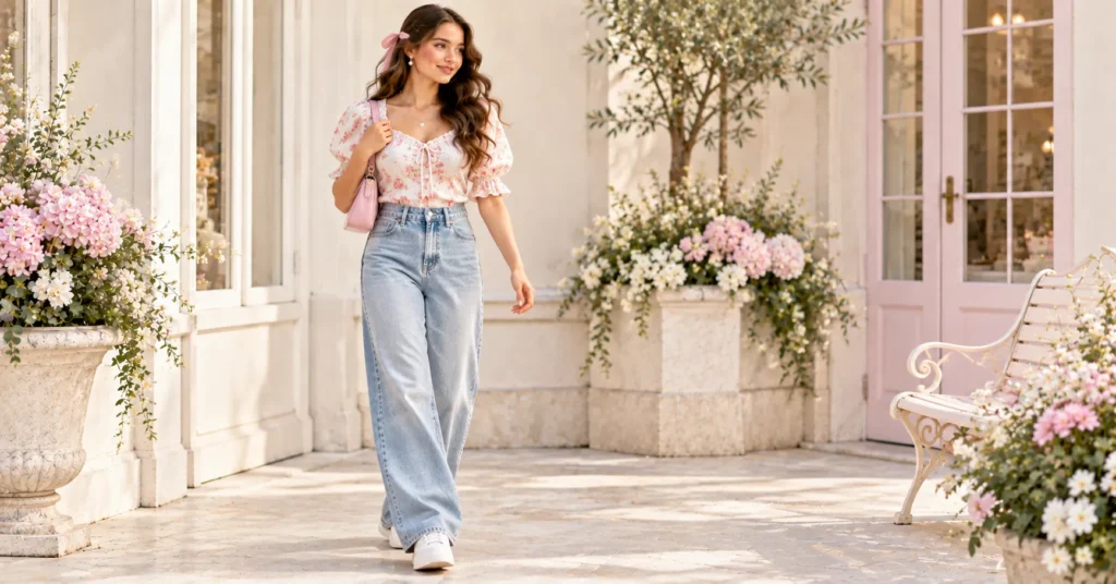 Soft Girl Outfit Ideas: 20+ Stunning Looks for Every Style 5 Soft Girl Outfit with floral puff-sleeve blouse, wide-leg jeans, sneakers, and pink shoulder bag