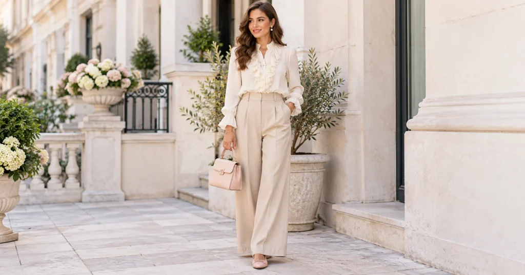 Soft Girl Outfit Ideas: 20+ Stunning Looks for Every Style 9 Soft Girl Outfit with ivory ruffle blouse, beige wide-leg trousers, ballet flats, and pastel handbag