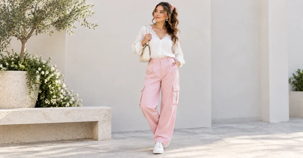 Soft Girl Outfit Ideas: 20+ Stunning Looks for Every Style 11 Soft Girl Outfit with white lace blouse, pastel pink cargo pants, sneakers, and pearl accessories