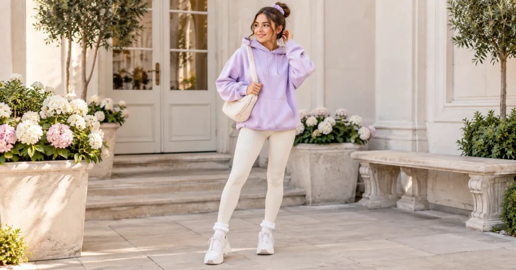 Soft Girl Outfit Ideas: 20+ Stunning Looks for Every Style 17 Soft Girl Outfit with oversized lavender hoodie, cream leggings, chunky sneakers, and frilly socks
