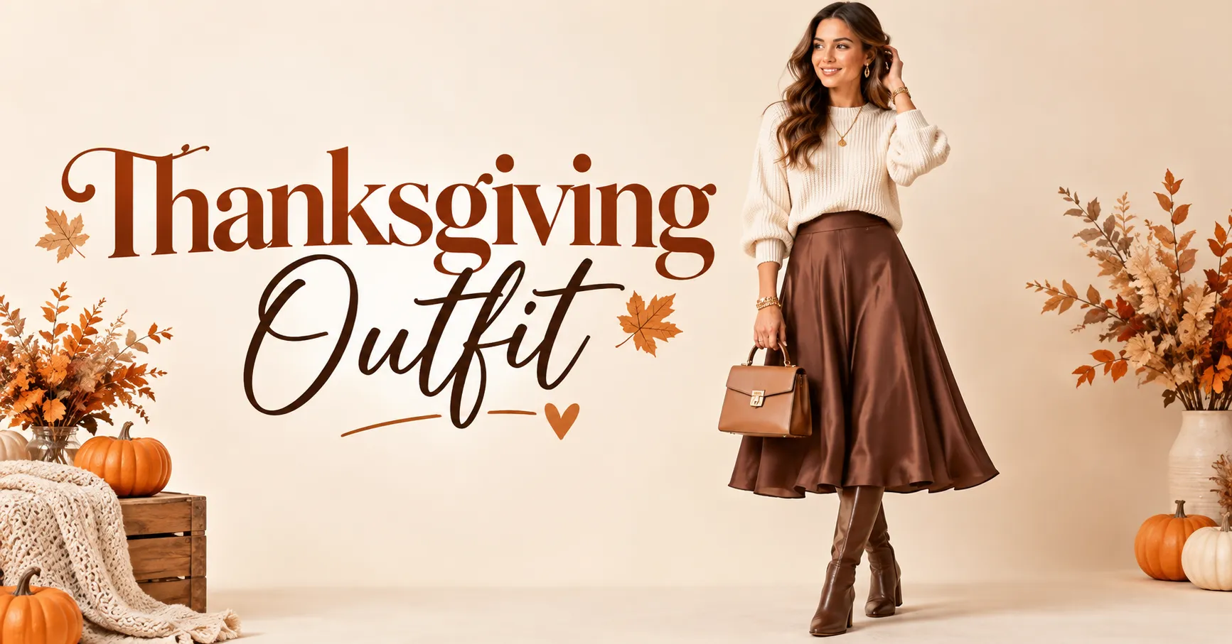 Home 11 Thanksgiving Outfit Ideas featuring a cozy cream sweater, midi skirt, knee-high boots, and elegant fall styling.
