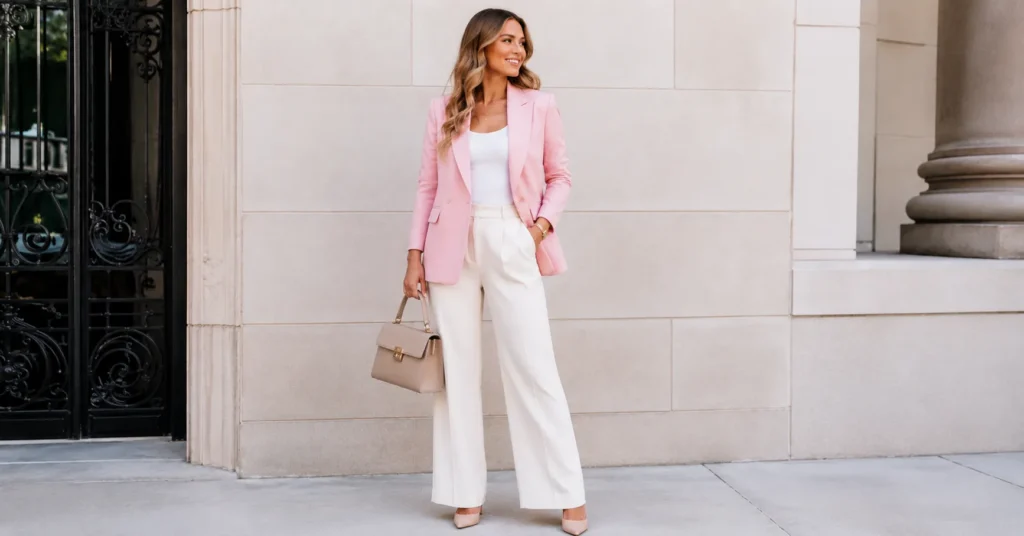 Pink blazer outfit for office and smart casual styling