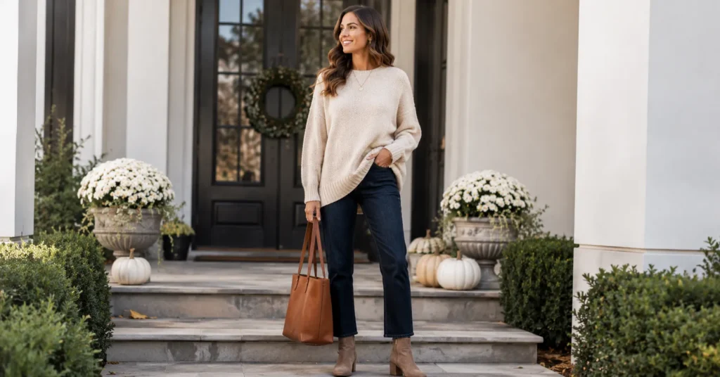Cute Thanksgiving Outfit Ideas You'll Want to Copy This Year 4 Casual Thanksgiving outfit with sweater and jeans for family dinner