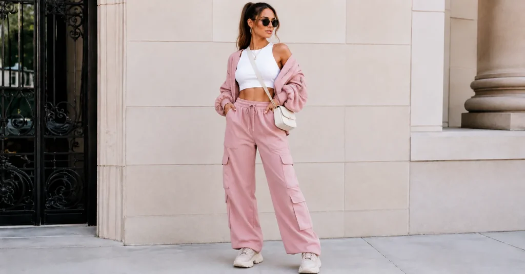 Pink street style outfit featuring cargo pants and sneakers