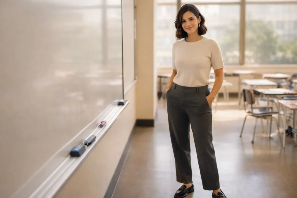 Stylish teacher wearing a comfortable, professional outfit in a modern classroom