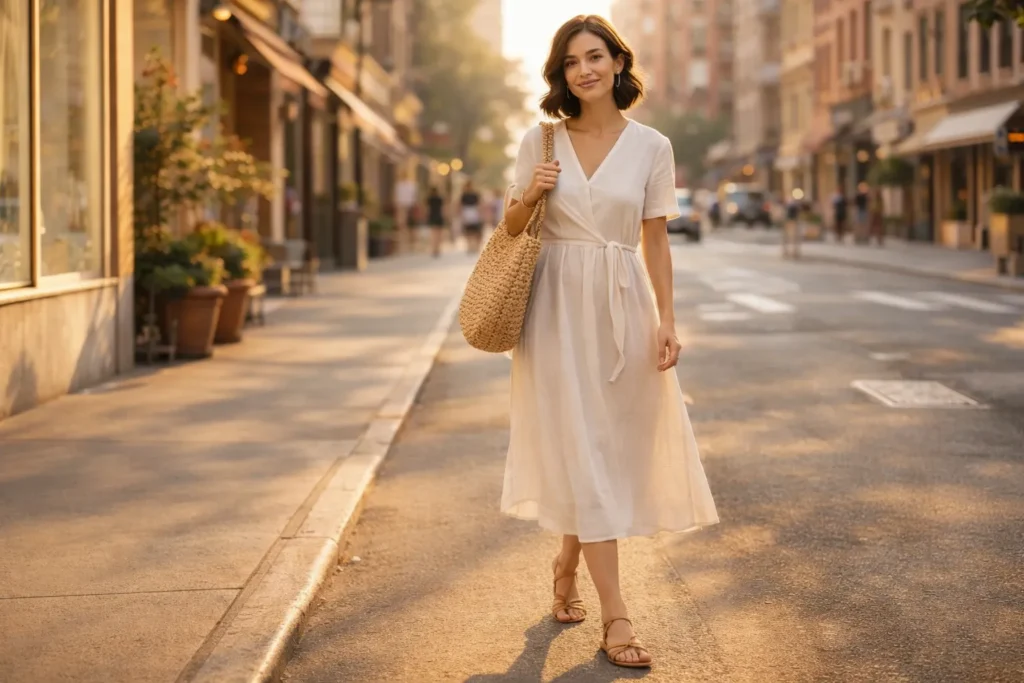 Woman wearing a chic and breathable summer outfit in warm weather