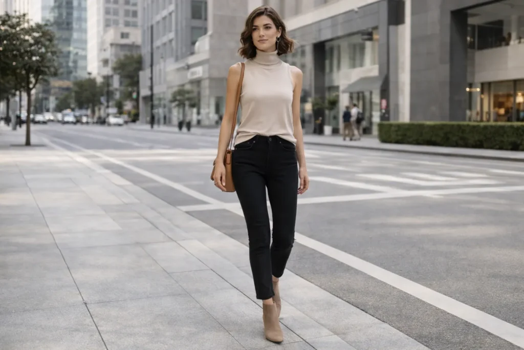Woman wearing a stylish black jeans outfit for everyday fashion