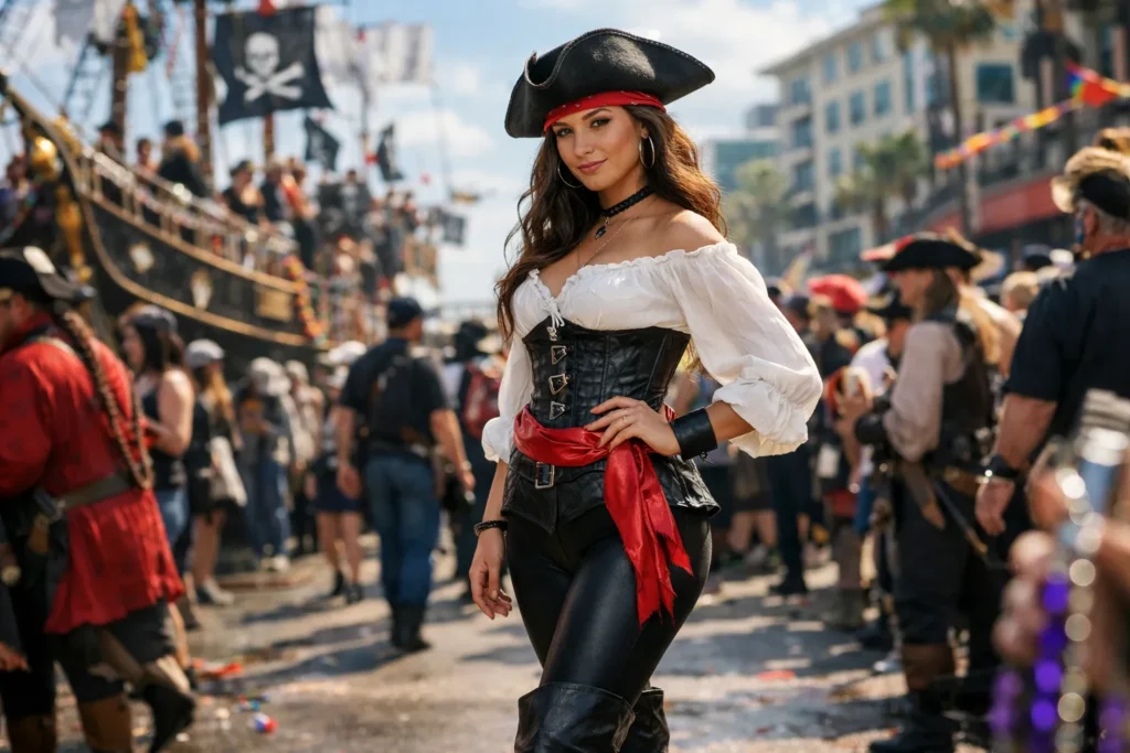 Woman wearing a classic Gasparilla pirate outfit during the Tampa pirate festival parade.