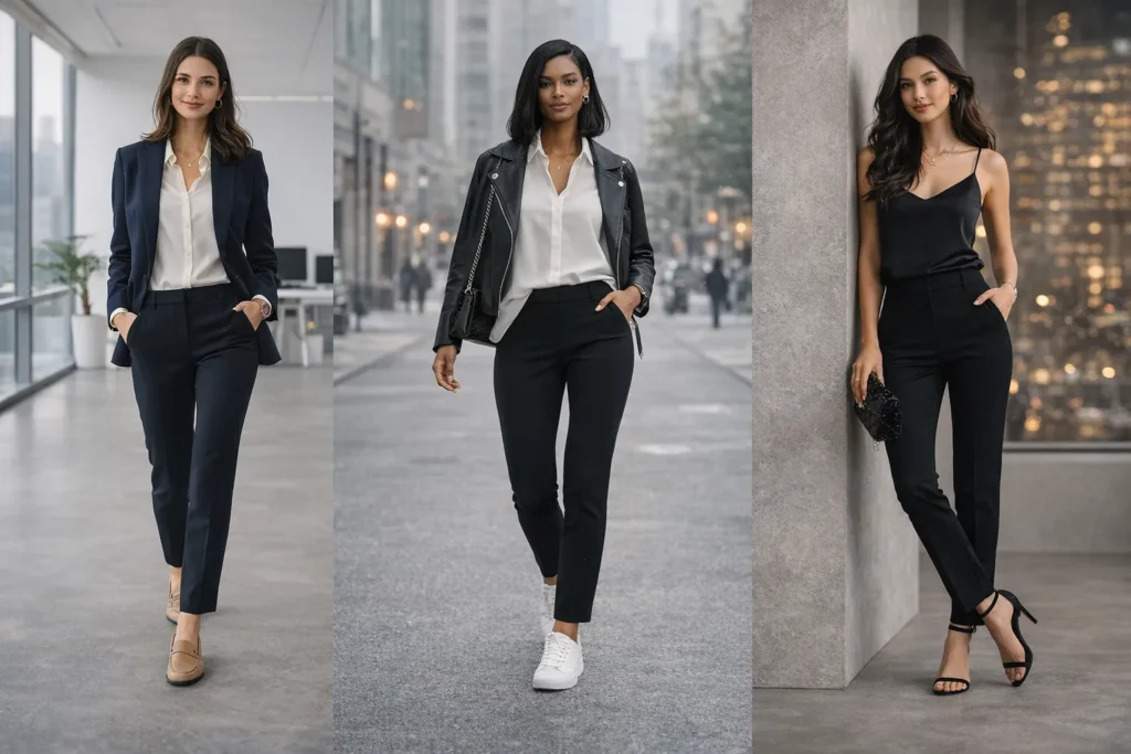Why Black Tailored Trousers Are Your Wardrobe's Secret Weapon 2 Women styling black tailored trousers for professional, casual, and evening outfits