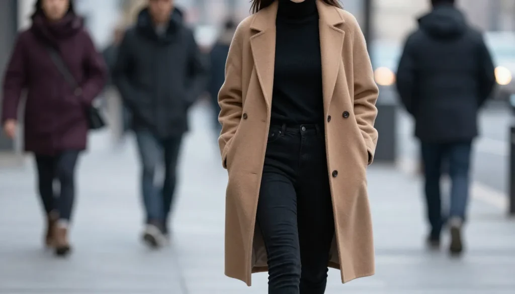 Winter black jeans outfit with warm outerwear